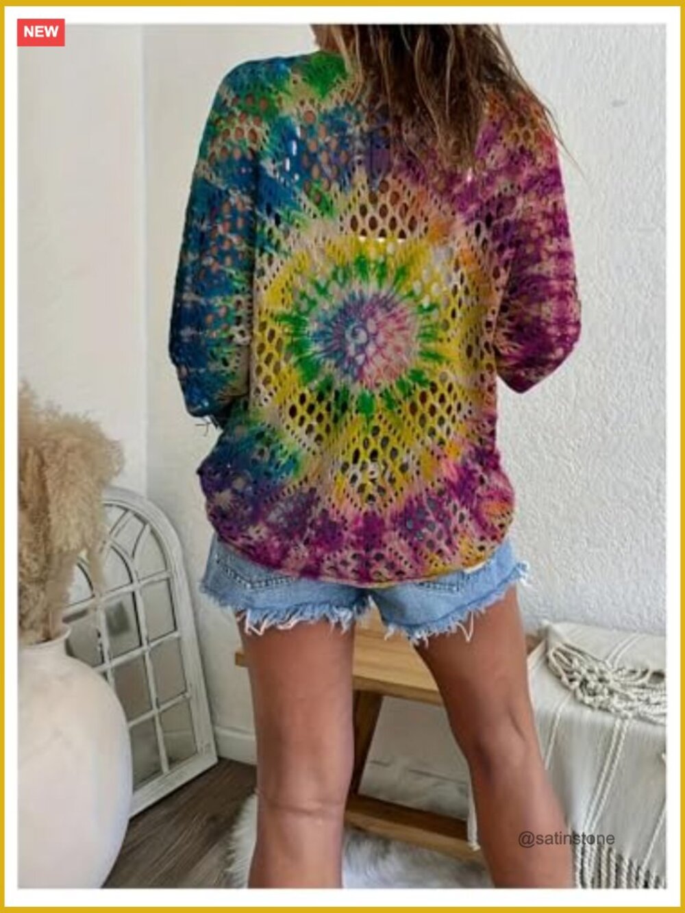 Boho Tie Dye Crochet Lightweight Beach Cover Up Sweater - Picture 2 of 3